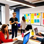 **Image Prompt:** A vibrant scene inside a modern co-working space in Warsaw, Poland, filled with young entrepreneurs collaborating on laptops. Whiteboards display brainstorming ideas, and colorful sticky notes cover the walls. Depict a diverse group, some engaged in animated discussions, others working intensely. Focus on the energy of shared knowledge and collaborative innovation, with a subtle Polish flag element visible in the background. Style: Digital art, bright colors, dynamic composition.