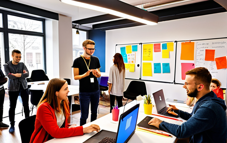 **Image Prompt:** A vibrant scene inside a modern co-working space in Warsaw, Poland, filled with young entrepreneurs collaborating on laptops. Whiteboards display brainstorming ideas, and colorful sticky notes cover the walls. Depict a diverse group, some engaged in animated discussions, others working intensely. Focus on the energy of shared knowledge and collaborative innovation, with a subtle Polish flag element visible in the background. Style: Digital art, bright colors, dynamic composition.